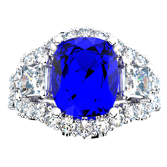 Royale Blue Color Stone with 37 small diamond and 2 princess diamond Ring For Women
